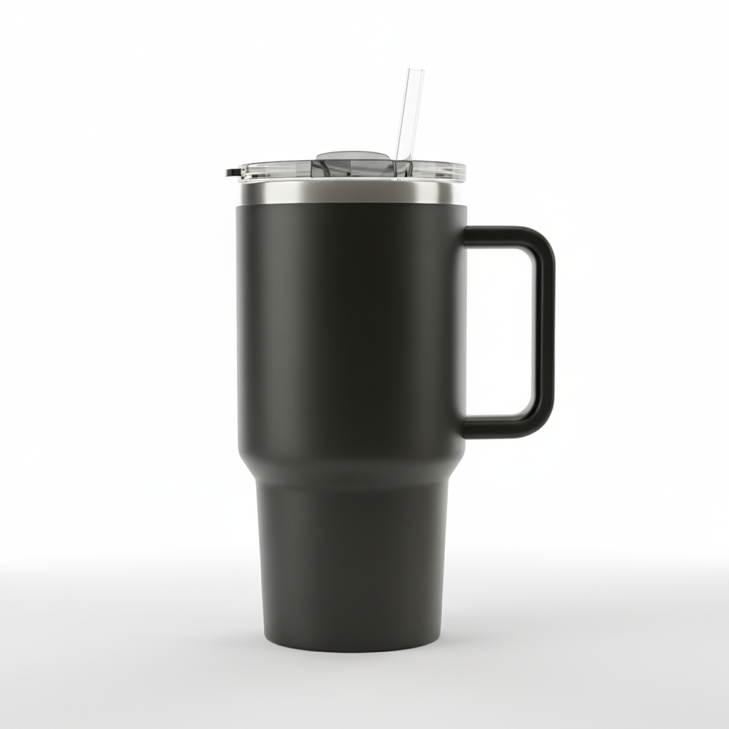 1200ml Matte Black Insulated Steel Tumbler - Leak-Proof Travel Sipper with Straw & Handle