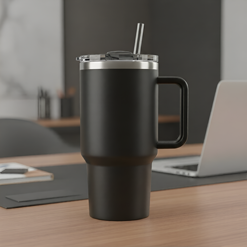1200ml Matte Black Insulated Steel Tumbler - Leak-Proof Travel Sipper with Straw & Handle